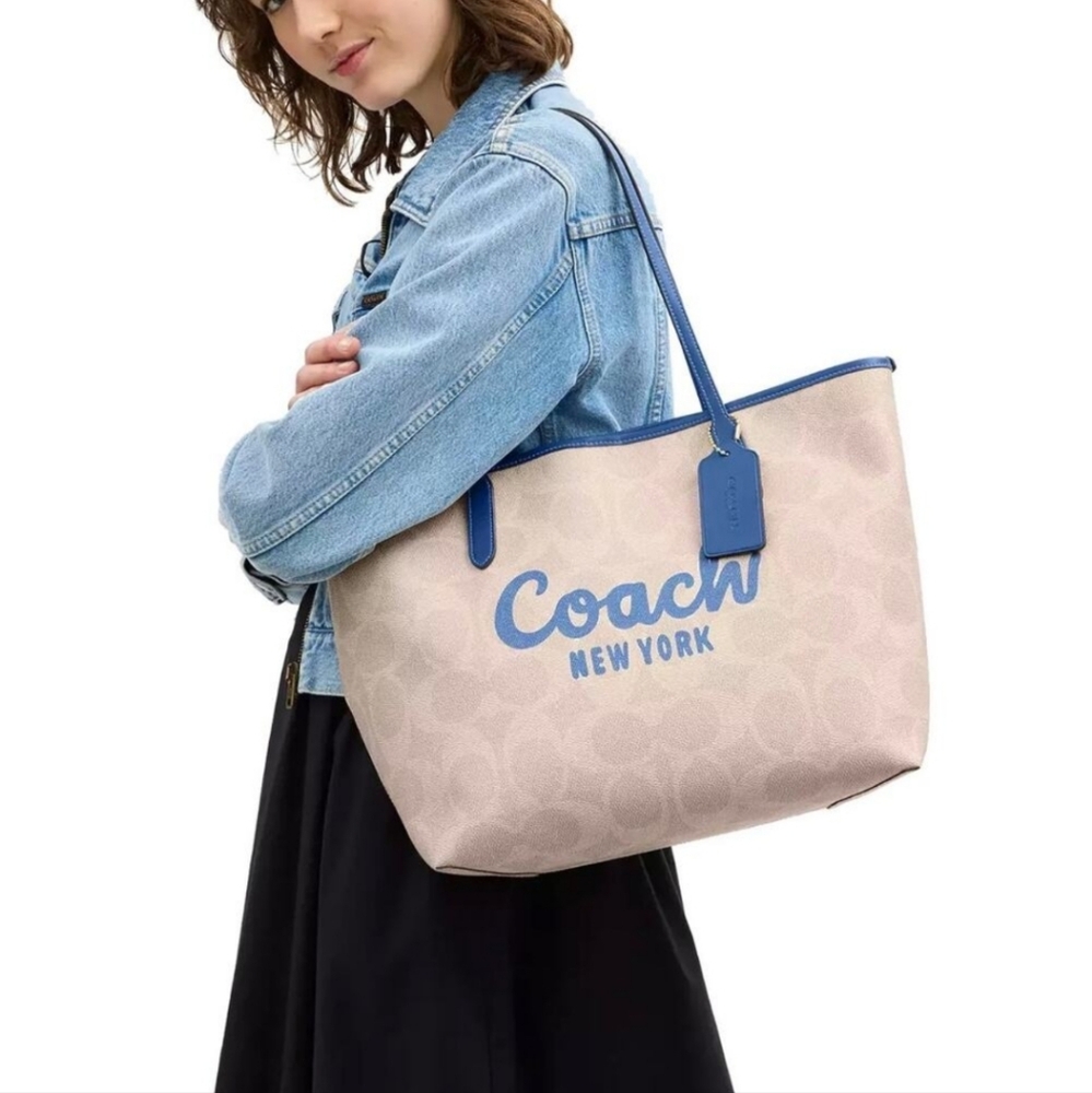 RETAIL $398 COACH CITY TOTE*Gold/Sand/Pacific Bright Mineral*SCRIPT*NEW w/tag - Picture 2 of 4